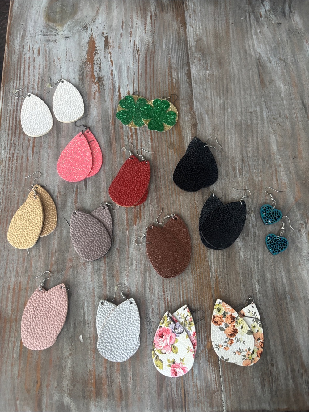 Leather Teardrop & Floral Layered Earrings Set - Multiple Colors